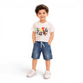 Mini & Mama boys' white graphic print t-shirt and blue denim shorts set with drawstring waist.