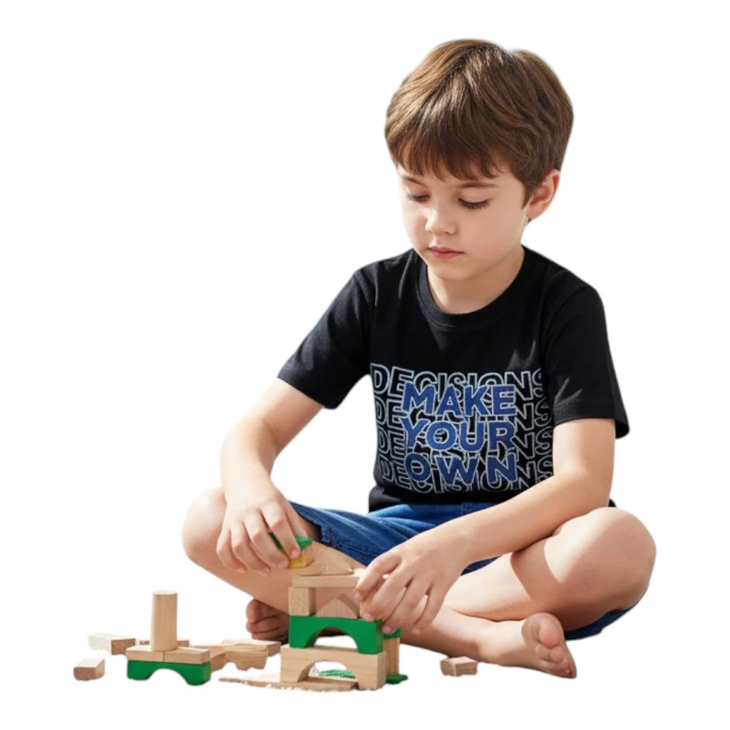 Mini & Mama boys black cotton graphic t-shirt and blue denim shorts set with elastic waistband.