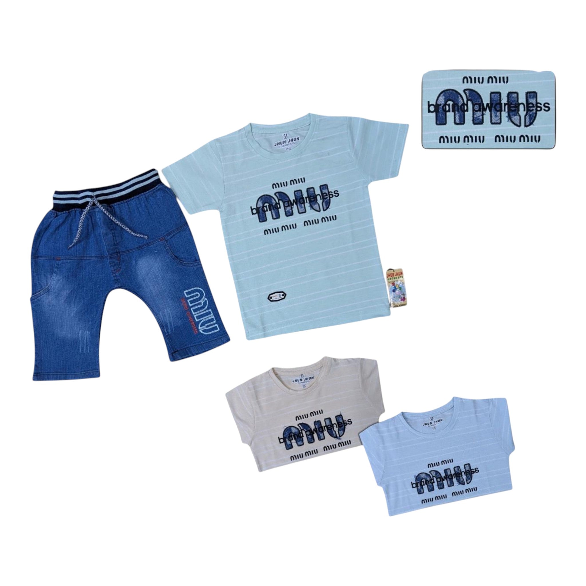 Mini & Mama Boys' light blue striped cotton t-shirt and denim shorts set with "MIU MIU" graphic.