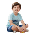 Mini & Mama light blue striped cotton t-shirt with "MIU MIU" graphic and denim shorts set for boys.