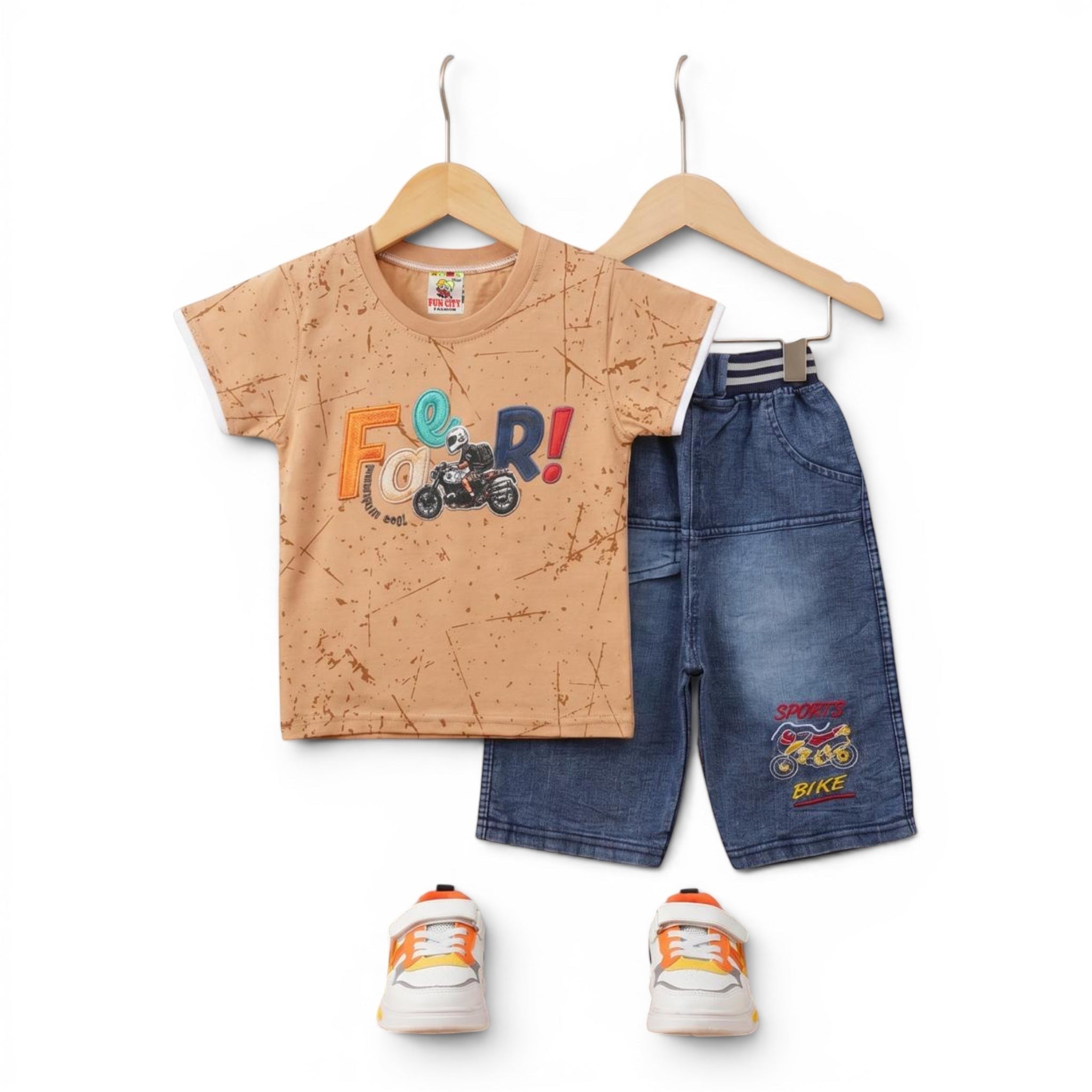 Mini & Mama boys' tan cotton graphic t-shirt with "Fear!" and motorcycle design, paired with blue denim shorts featuring "Sport Bike" embroidery.