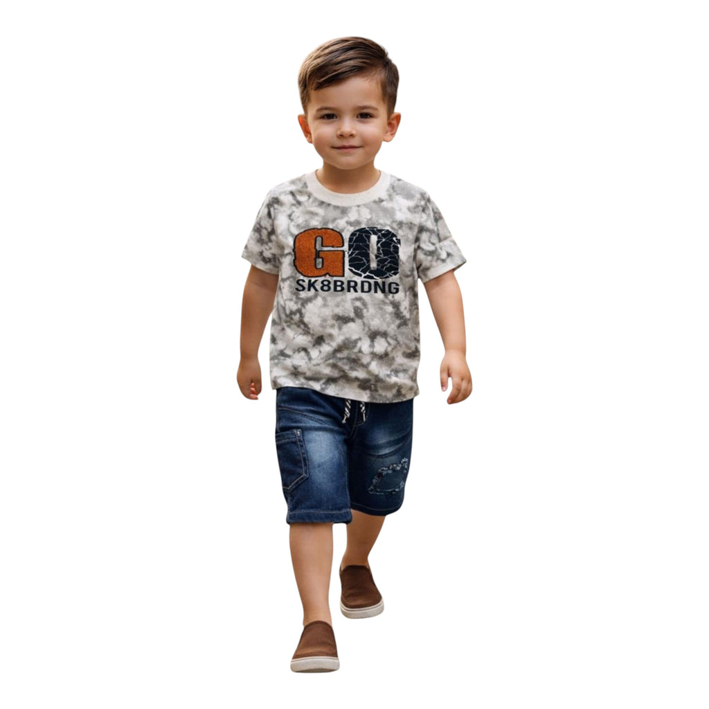 Mini & Mama boys' grey and white marble print t-shirt with "GO SK8BRDNG" graphic and blue denim shorts with drawstring waist.
