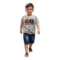 Mini & Mama boys' grey and white marble print t-shirt with "GO SK8BRDNG" graphic and blue denim shorts with drawstring waist.