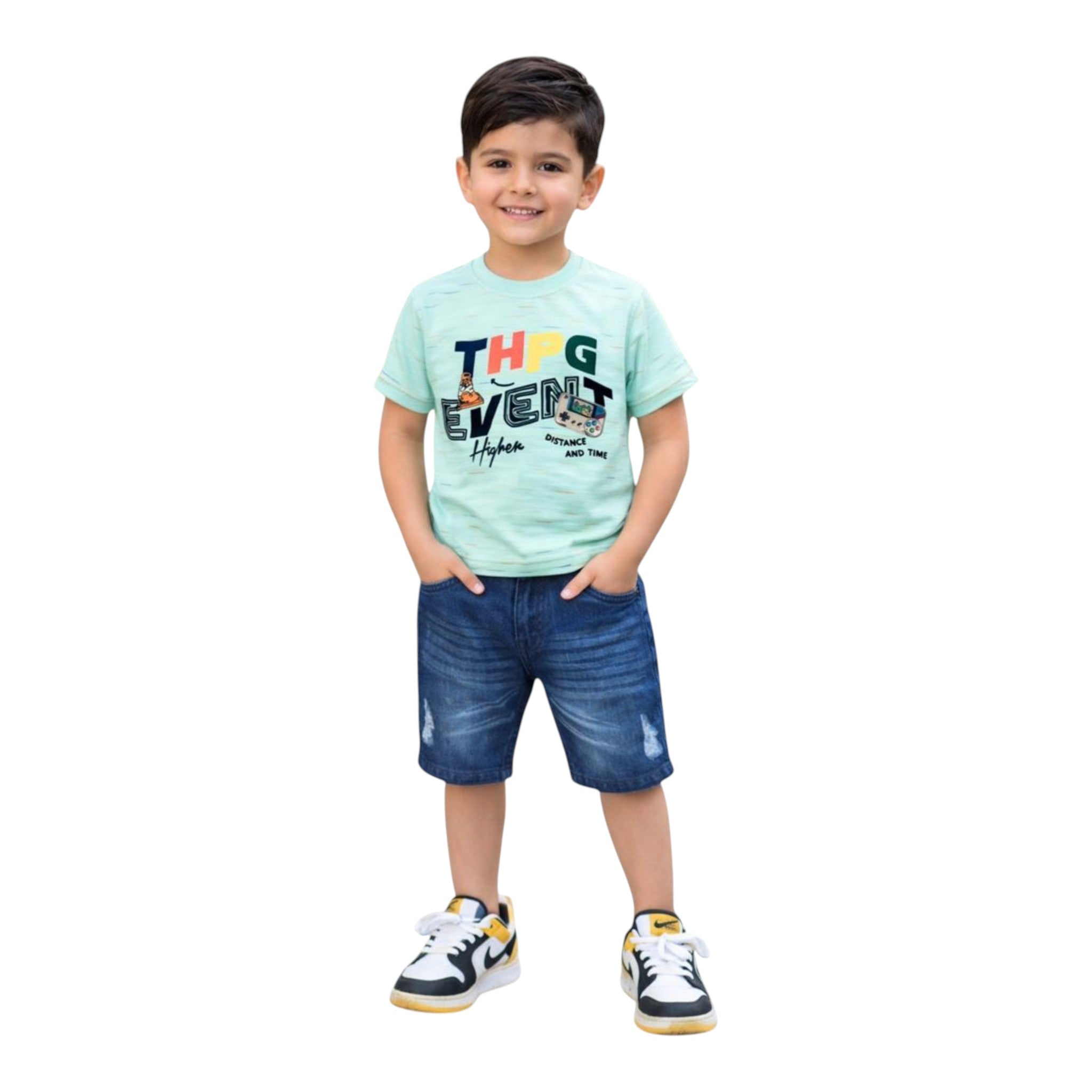 Mini & Mama boys mint green graphic t-shirt with "THG EVENT" text and distressed denim shorts.