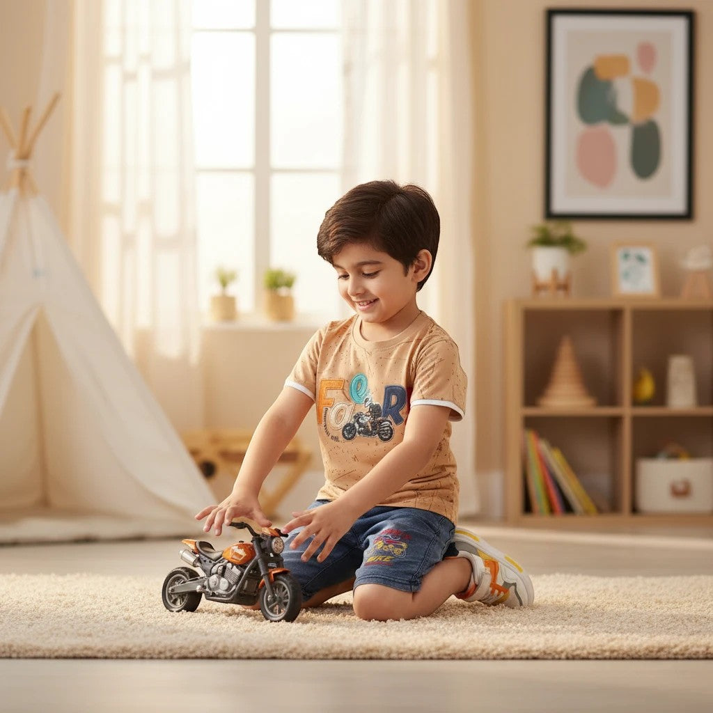Mini & Mama boys' tan cotton graphic t-shirt with motorcycle design and blue denim shorts with "Sport Bike" embroidery.
