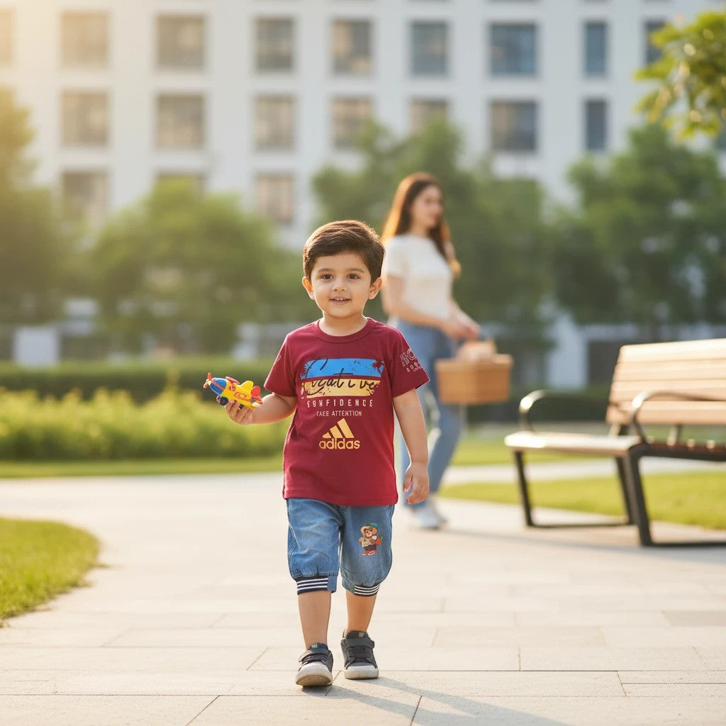 Mini & Mama boys maroon graphic t-shirt and denim shorts set. T-shirt has Adidas logo. Shorts have bear graphic.