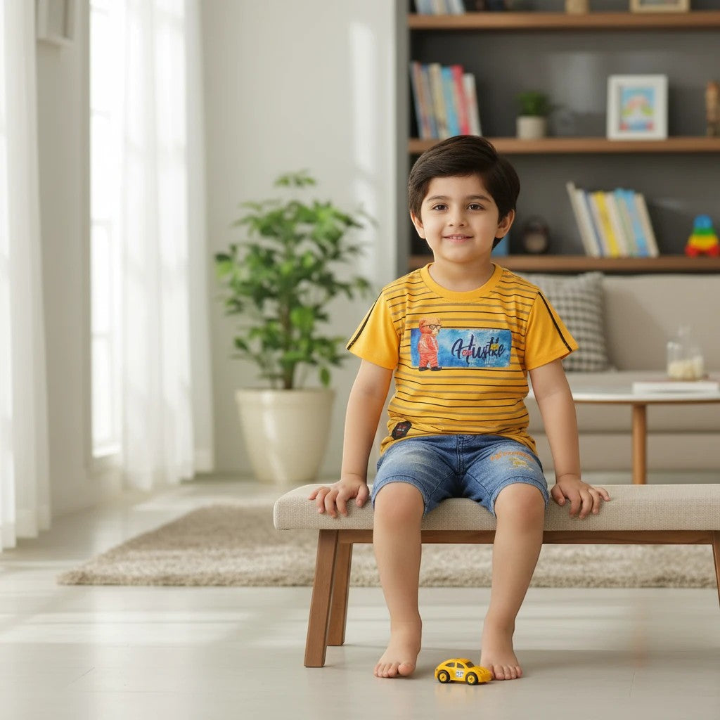 Mini & Mama boys yellow graphic t-shirt with black stripes and denim shorts set. Cotton tee with "Hustle" graphic.