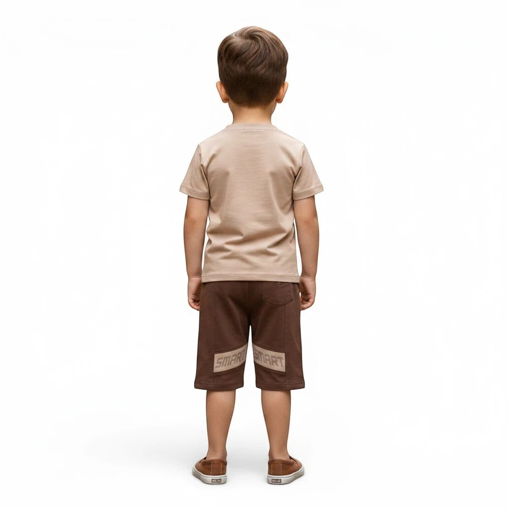 Mini & Mama boys' beige cotton t-shirt and brown shorts set with "SMART" graphic print and drawstring waist.