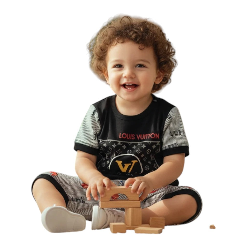 Mini & Mama boys' black graphic print t-shirt and grey striped shorts set. Comfortable cotton blend.