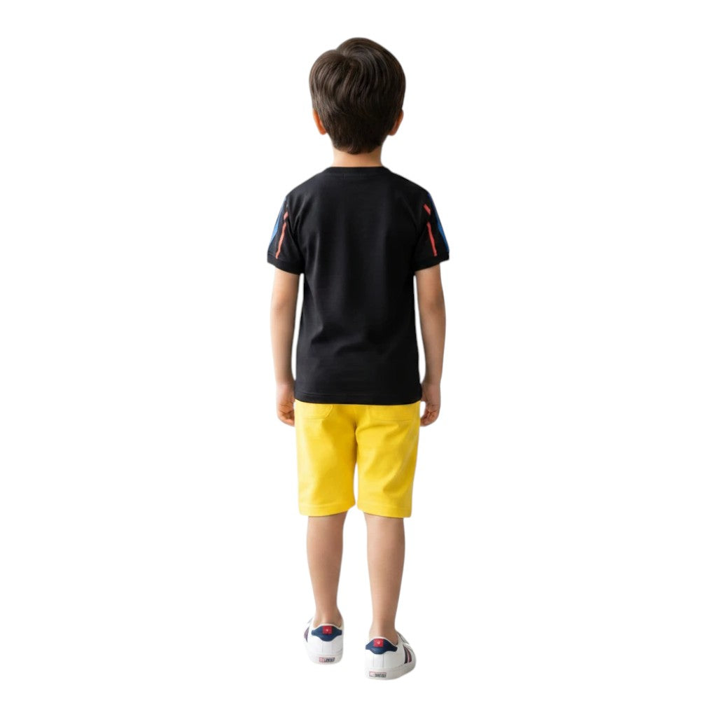 Mini & Mama black graphic t-shirt with sporty sleeve stripes and yellow shorts with drawstring waist.