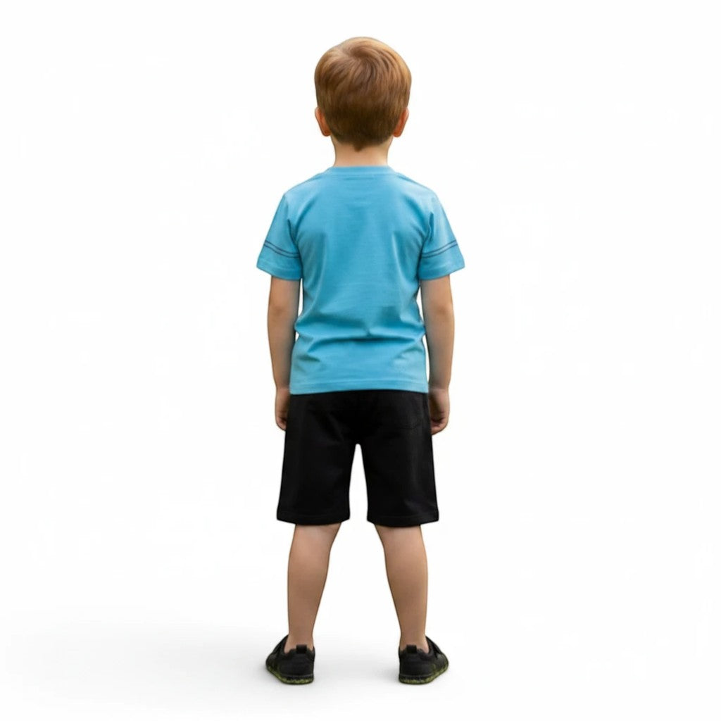 Mini & Mama boys' blue graphic t-shirt and black shorts set. Cotton tee with graphic print. Elastic waist shorts.