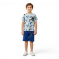 Mini & Mama light blue graphic t-shirt and royal blue shorts set for boys. Cotton blend with abstract print and drawstring waist.