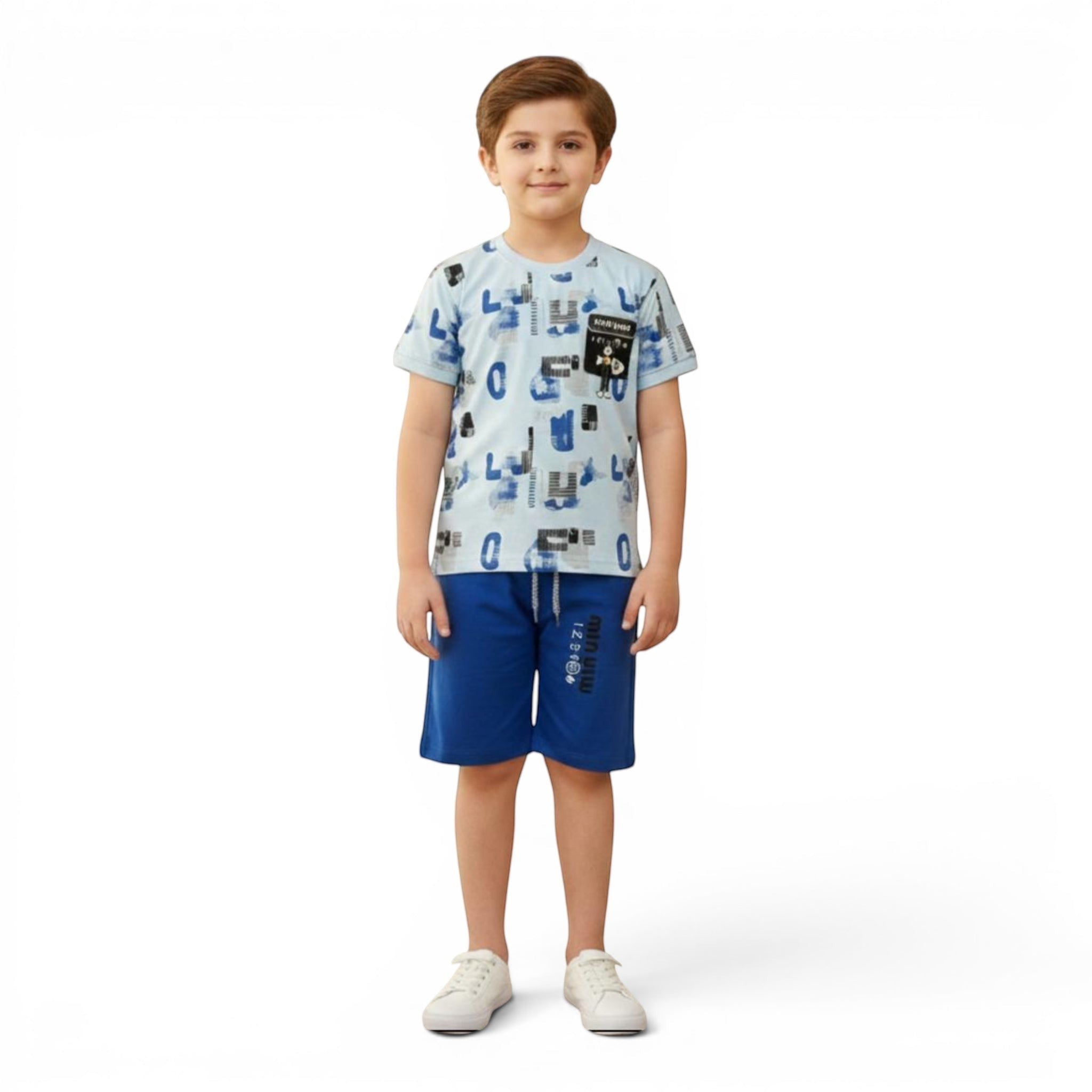 Mini & Mama light blue graphic t-shirt and royal blue shorts set for boys. Cotton blend with abstract print and drawstring waist.