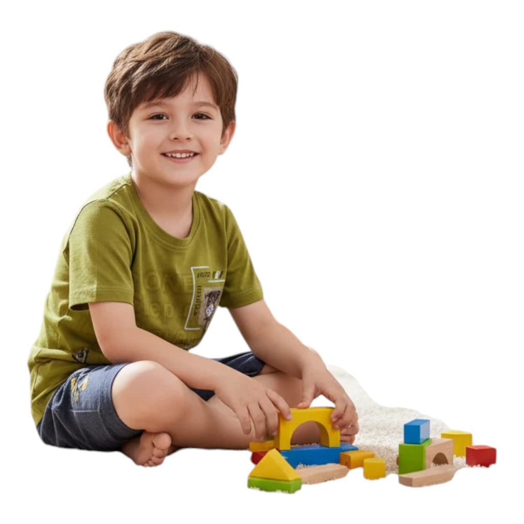 Mini & Mama boys' olive green graphic t-shirt and charcoal shorts set, made from cotton blend, perfect for play.