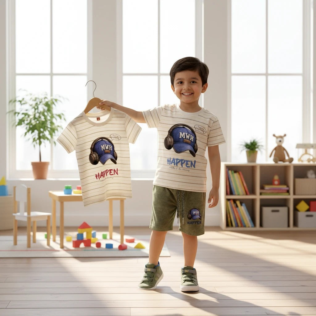 Mini & Mama boys' striped t-shirt and olive green shorts set with graphic print. Cotton blend.