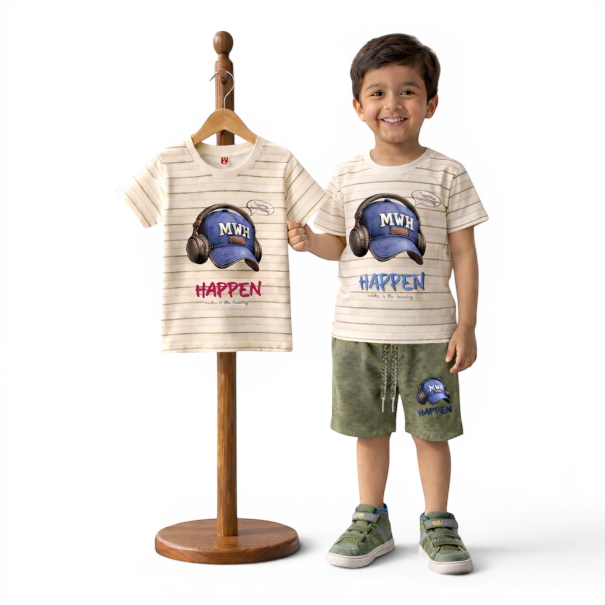 Mini & Mama boys' graphic t-shirt and olive green shorts set. Cream striped tee with headphones and 'HAPPEN' graphic. Cotton blend.
