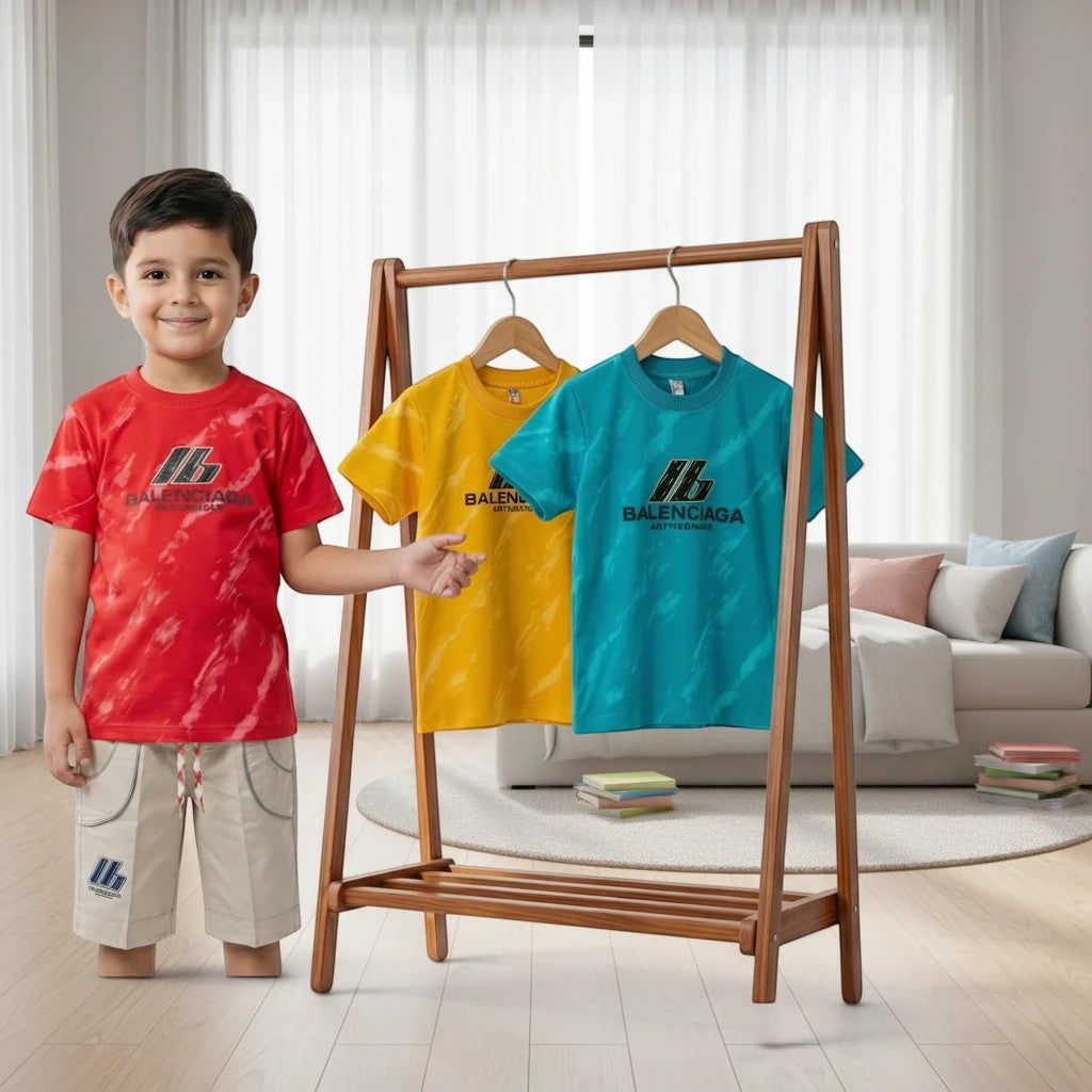 Mini & Mama boys red tie-dye graphic t-shirt and beige shorts set. Cotton t-shirt with logo. Adjustable drawstring shorts.