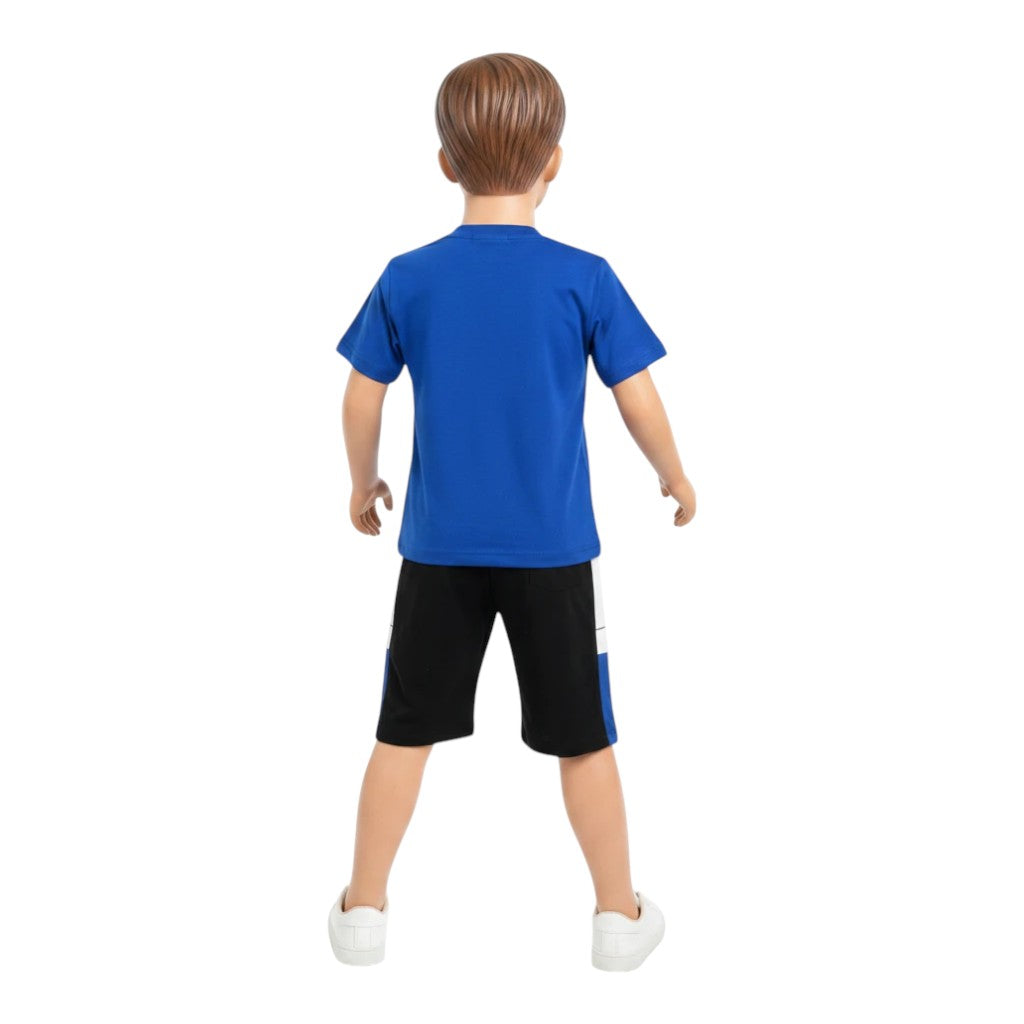 Mini & Mama boys' royal blue graphic t-shirt and black shorts set with white and blue side panels.