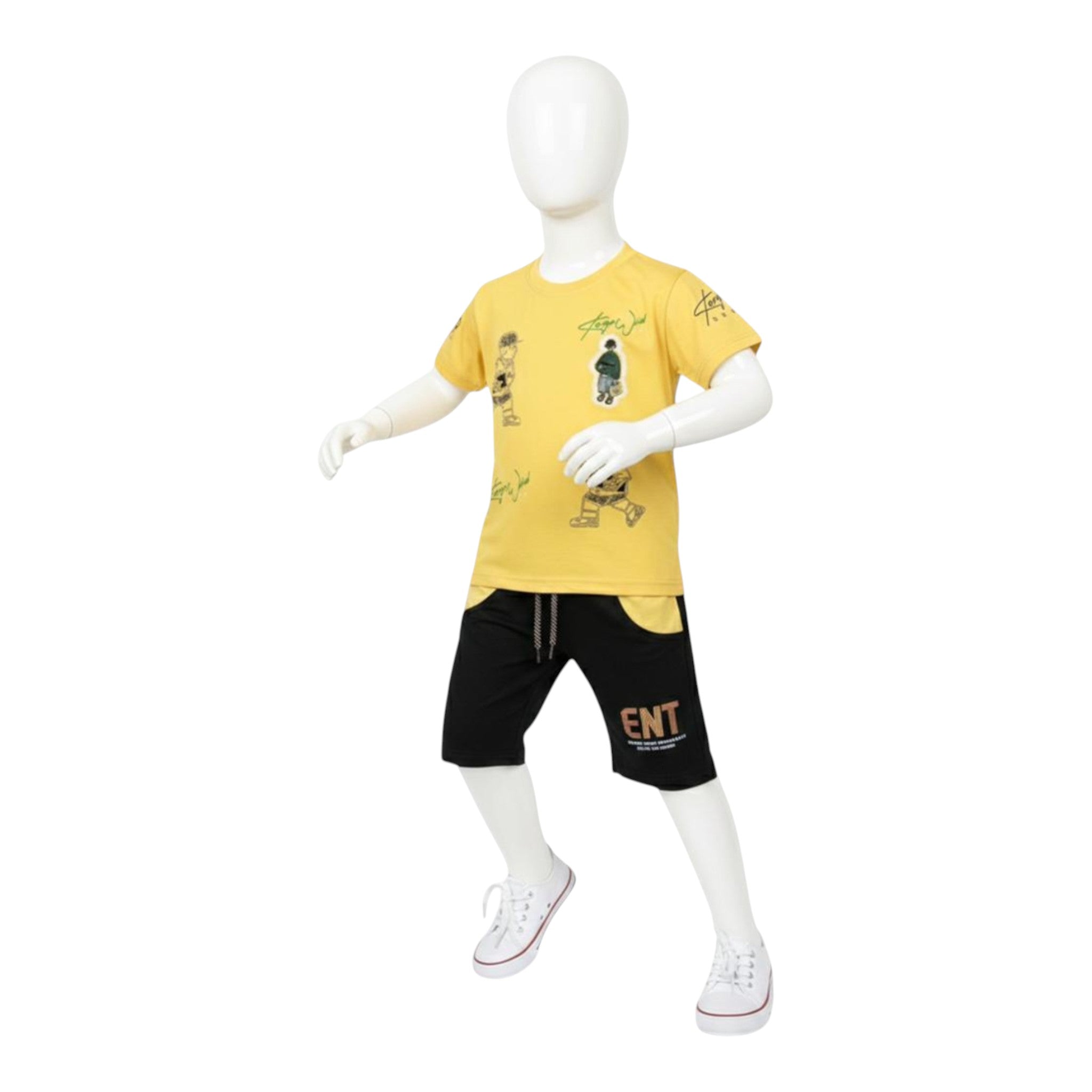 Mini & Mama boys yellow graphic print t-shirt and black shorts set. Cotton, short sleeves, elastic waistband, side pockets.