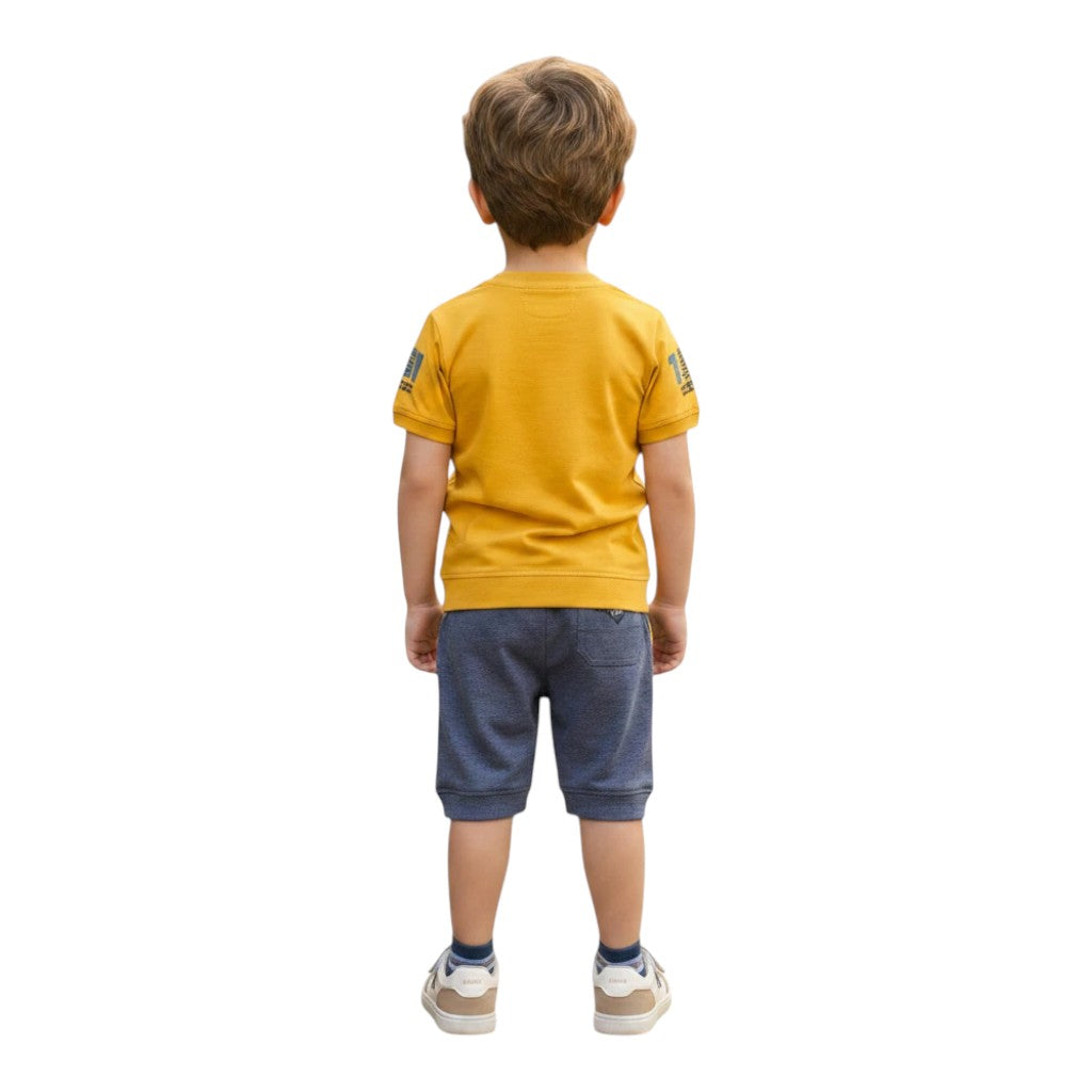 Mini & Mama boys' yellow graphic t-shirt and dark gray shorts set with drawstring waist.