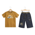 Mini & Mama Boys mustard yellow t-shirt and indigo denim shorts set with "Just Do It" Nike graphic.