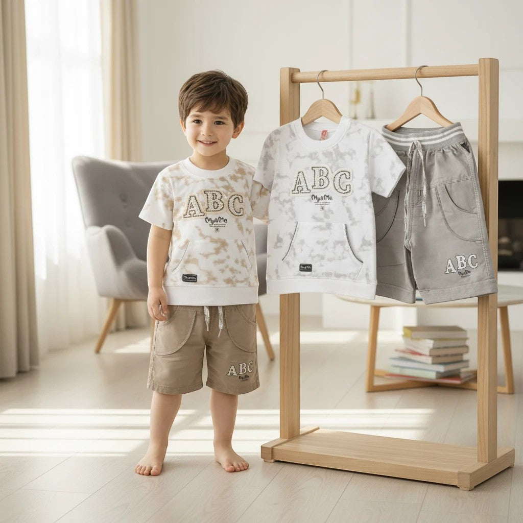 Mini & Mama boys' beige and grey letter print t-shirt and shorts set. Short sleeve, comfortable cotton blend.
