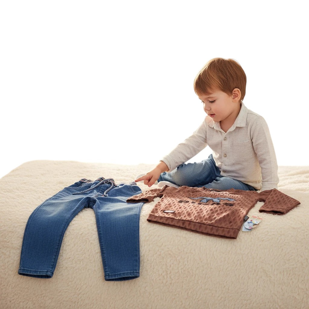 Mini & Mama Boys' brown textured long-sleeve top with "PIRAS" graphic and blue jeans set.