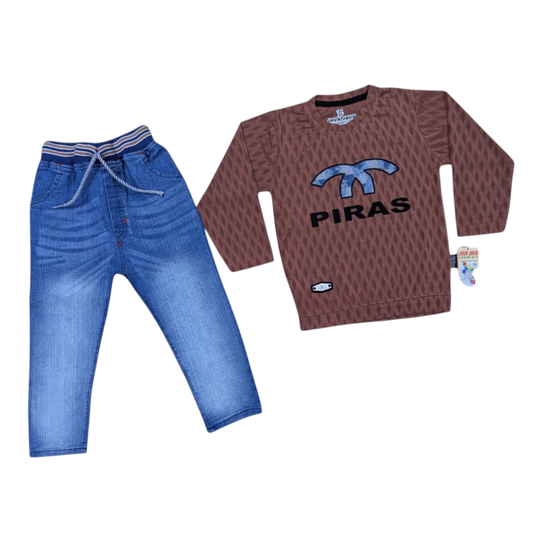 Mini & Mama Boys' brown long sleeve top with textured pattern and PIRAS graphic, paired with blue denim jeans. Elastic waistband.