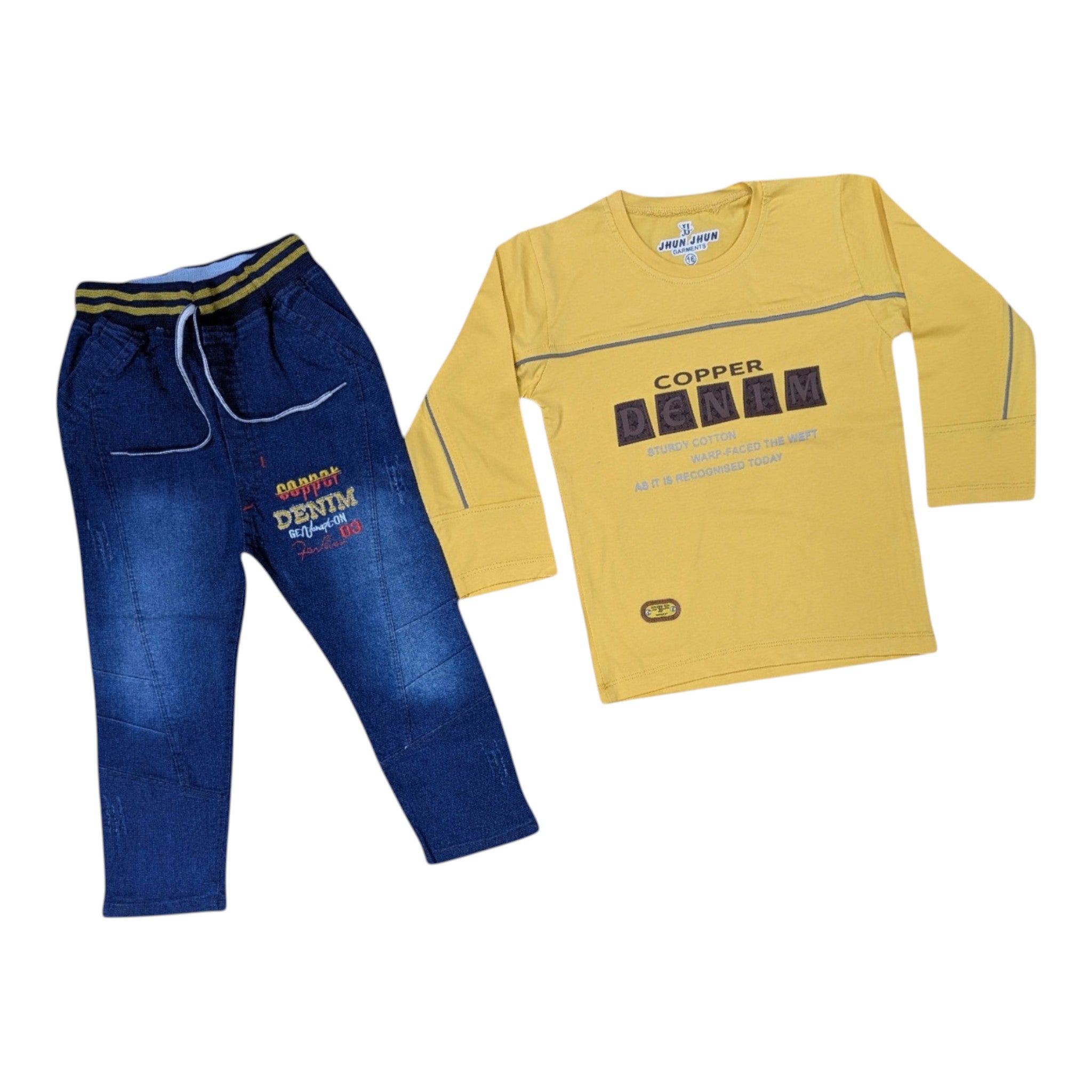 Mini & Mama boys yellow long sleeve cotton t-shirt with "COPPER DENIM" graphic and blue denim pants with elastic waist.