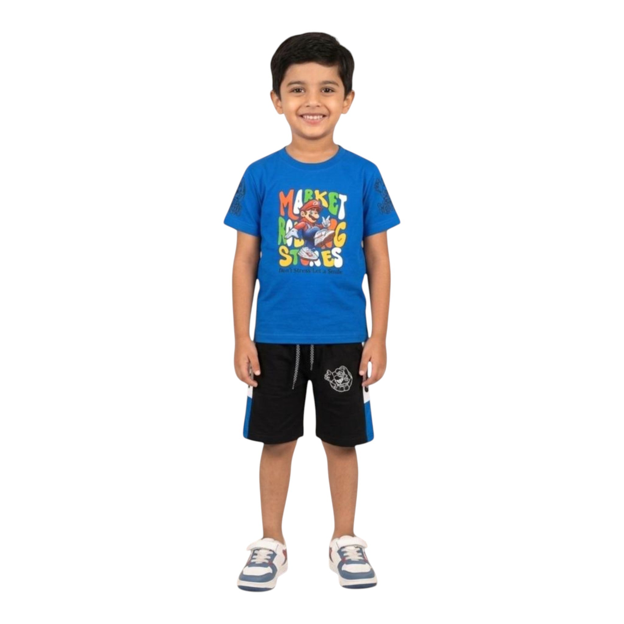 Mini & Mama Boys blue Super Mario graphic t-shirt and black shorts set with white side panels.