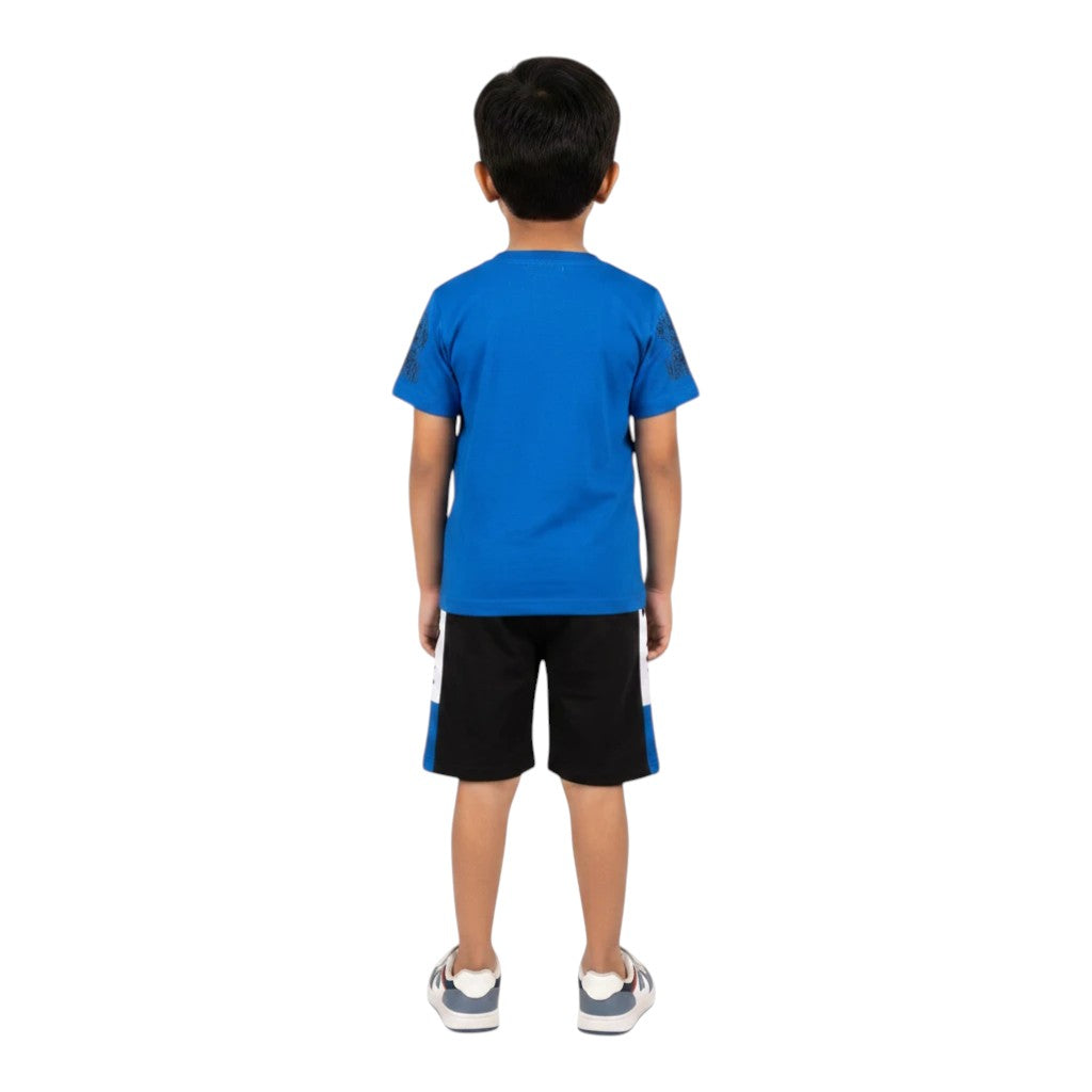 Mini & Mama Boys blue graphic t-shirt and black shorts set with white and blue side panels. Features Mario graphics.