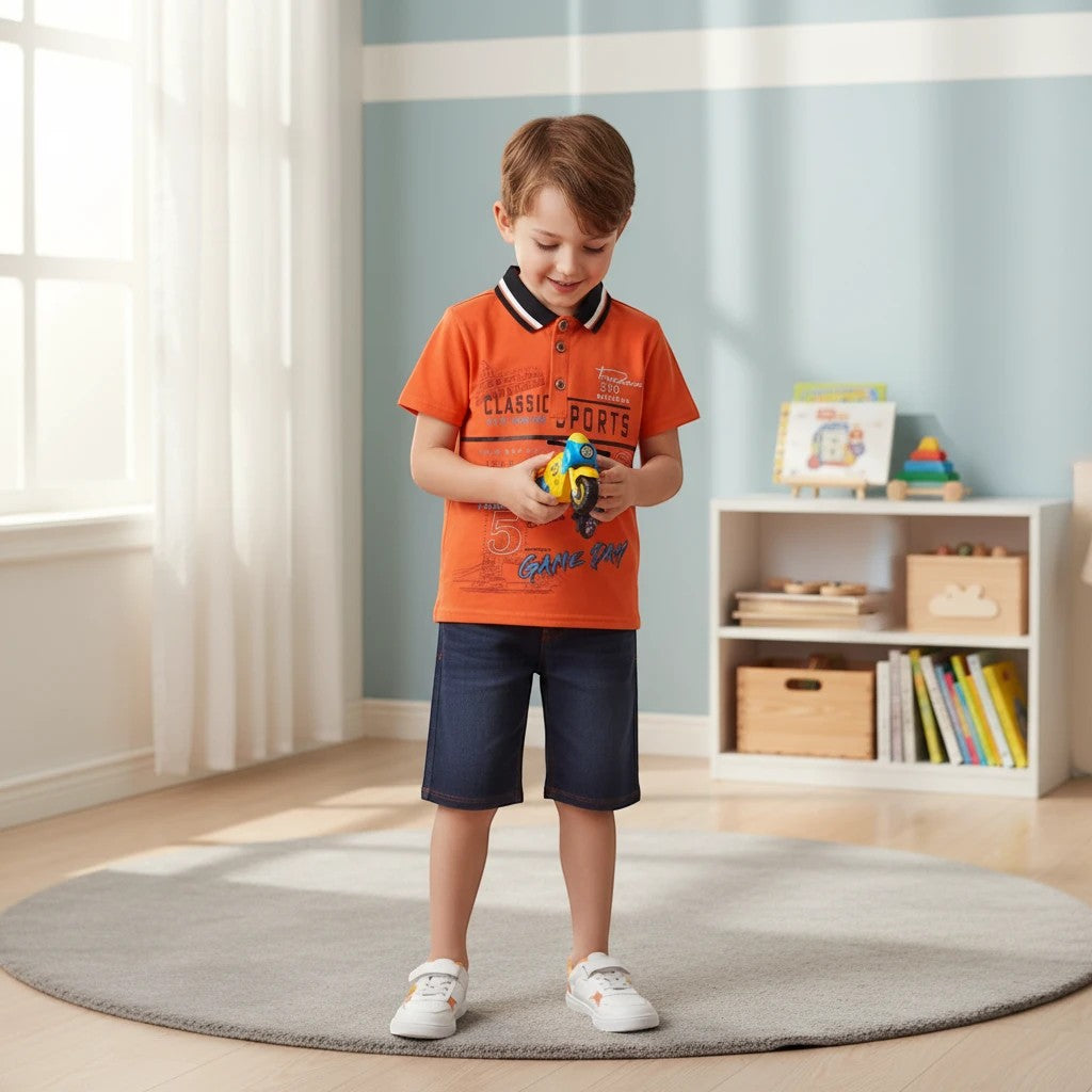 Mini & Mama Boys orange graphic print polo shirt with dark wash denim shorts. Features "CLASSIC SPORTS" and "GAME DAY" text.