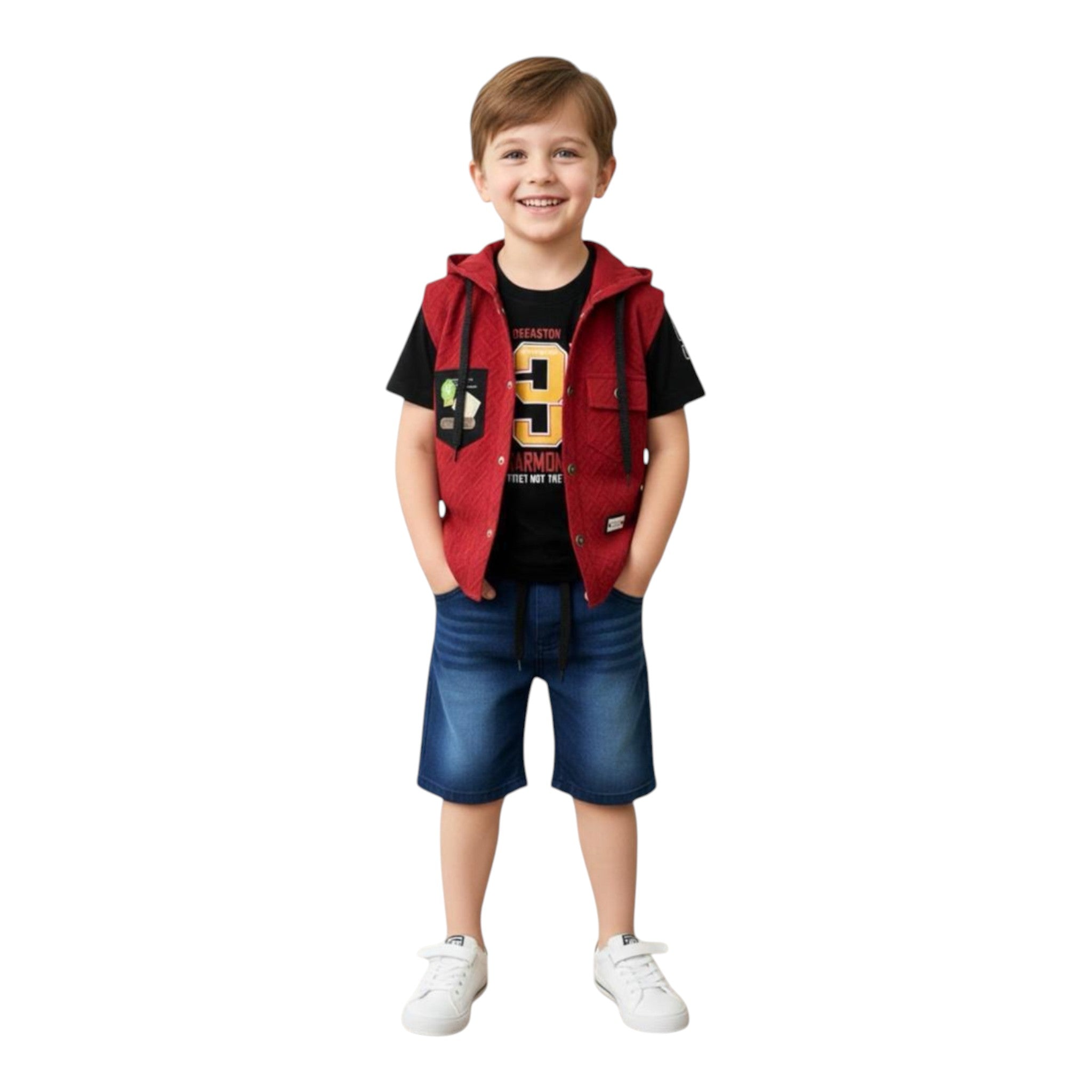 Mini & Mama red quilted hooded vest with patches and blue denim shorts set on a smiling boy.