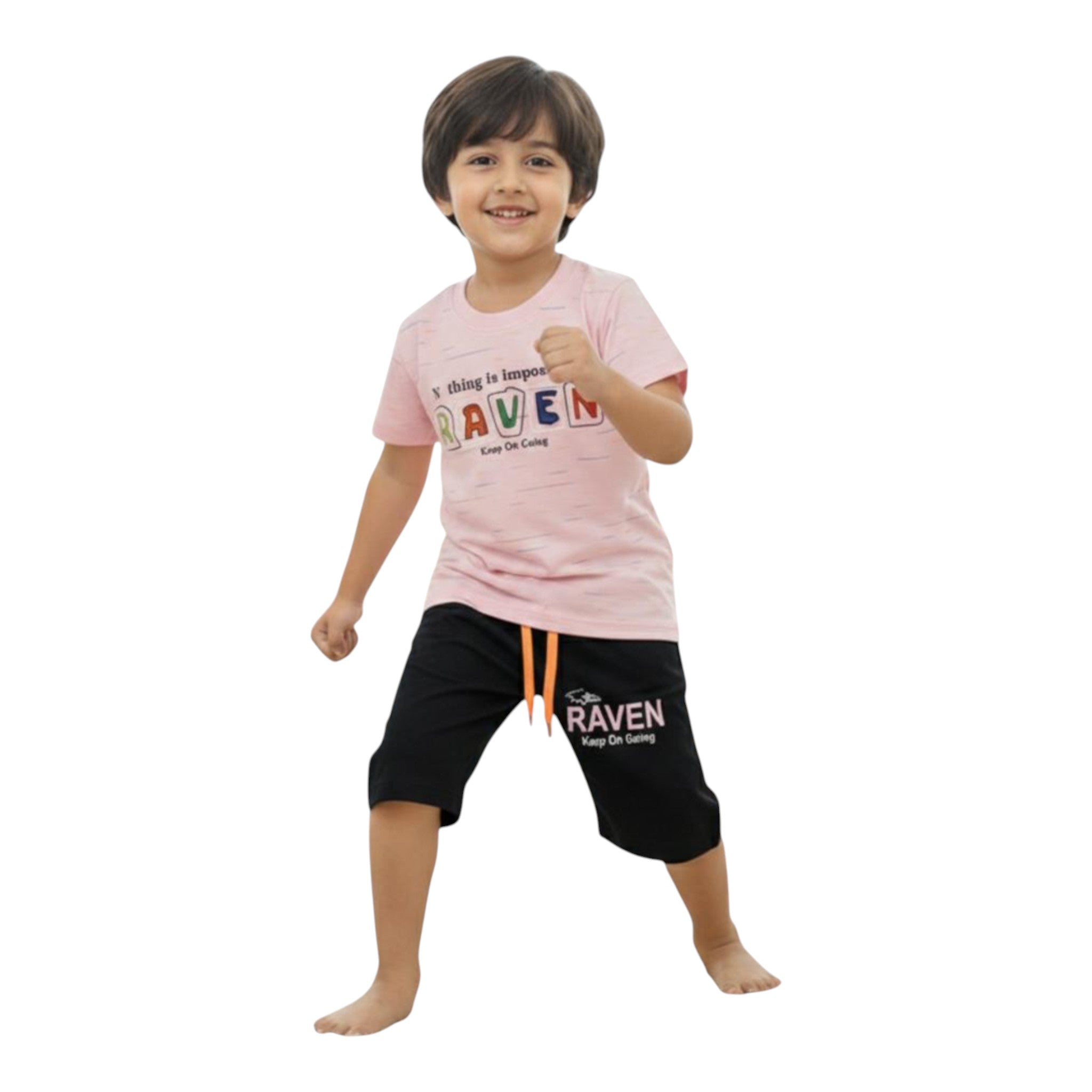 Mini & Mama Boys pink graphic t-shirt and black shorts set with "RAVEN Keep On Going" print. Adjustable drawstring waist.