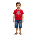 Mini & Mama Boys' red cotton graphic t-shirt with faux pocket and blue denim shorts with cargo pockets.