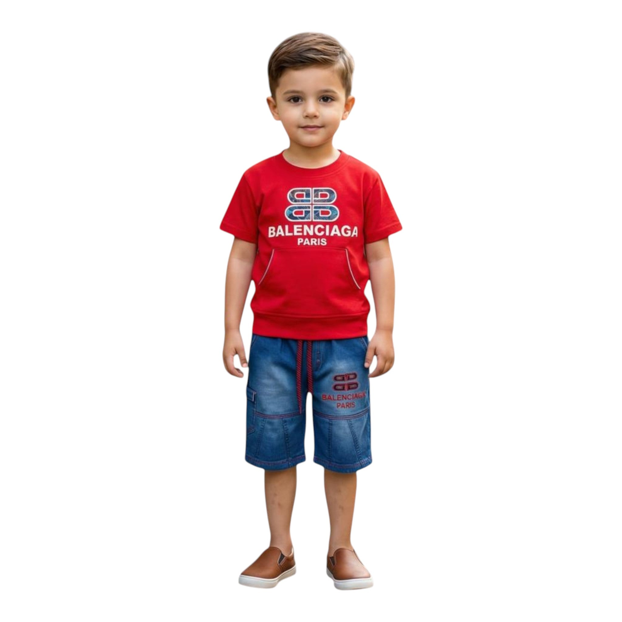 Mini & Mama Boys' red cotton graphic t-shirt with faux pocket and blue denim shorts with cargo pockets.