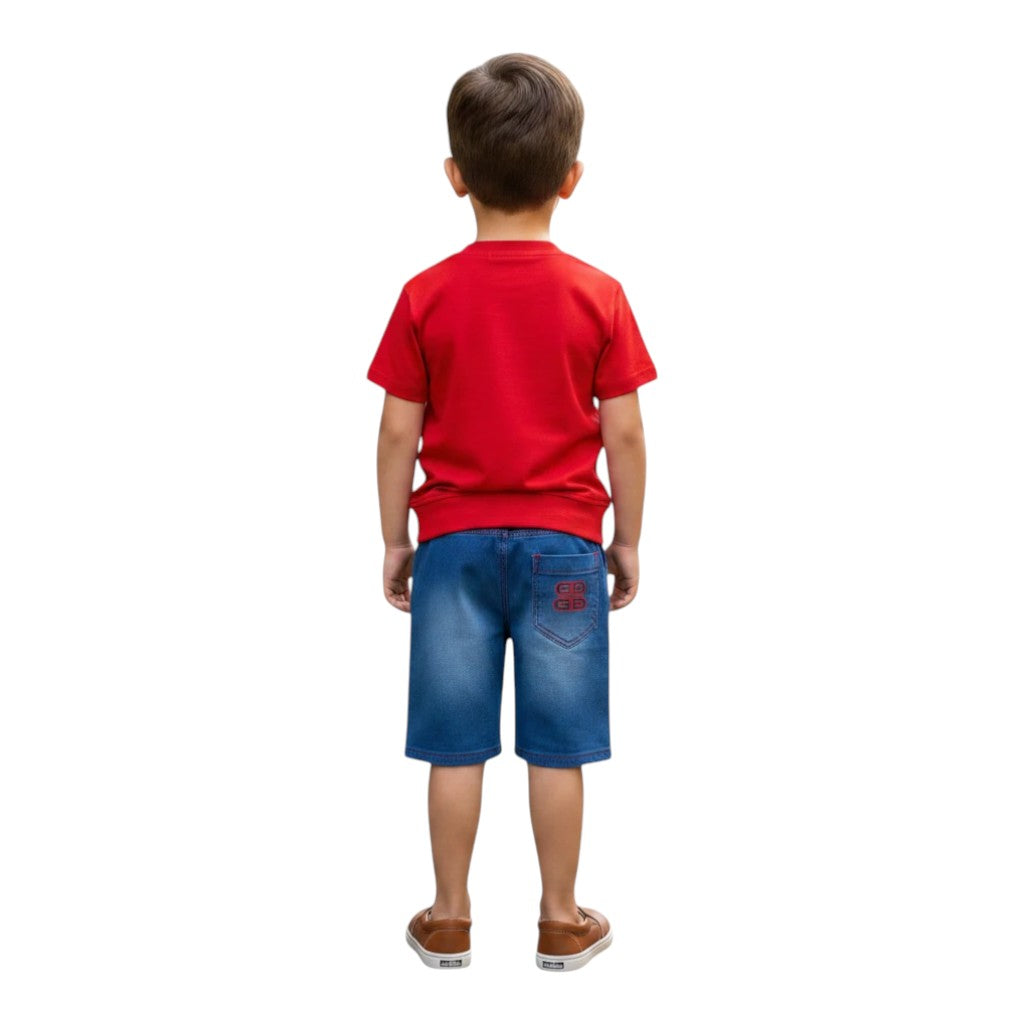 Mini & Mama Boys' red cotton graphic t-shirt and blue denim shorts set with logo detail.