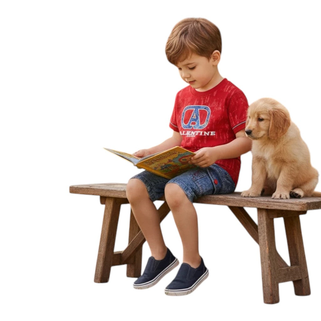 Mini & Mama boys red graphic t-shirt and denim shorts set, sitting on a bench with a puppy.