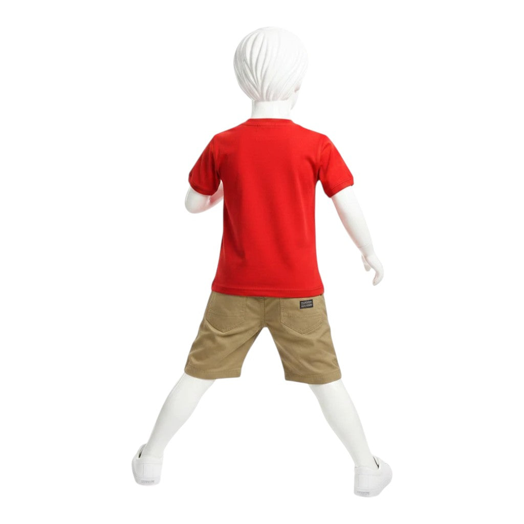 Mini & Mama Boys' red graphic t-shirt and khaki shorts set with drawstring waist and Henley neckline.