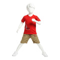 Mini & Mama Boys' red graphic t-shirt with Henley neckline and khaki shorts with drawstring waist.