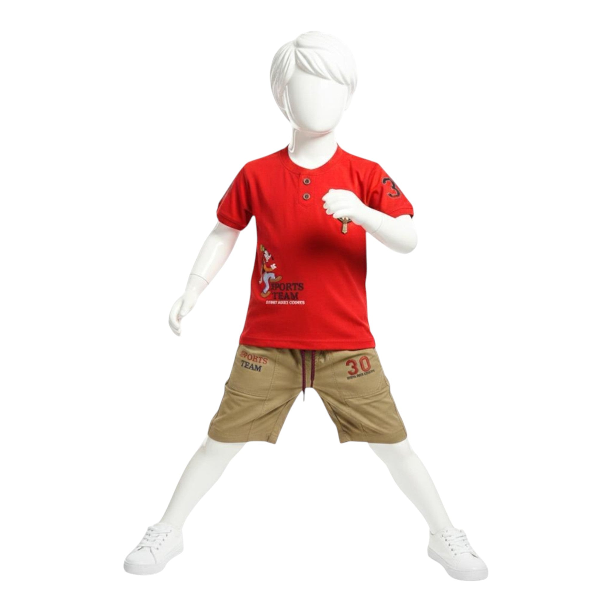Mini & Mama Boys' red graphic t-shirt with Henley neckline and khaki shorts with drawstring waist.