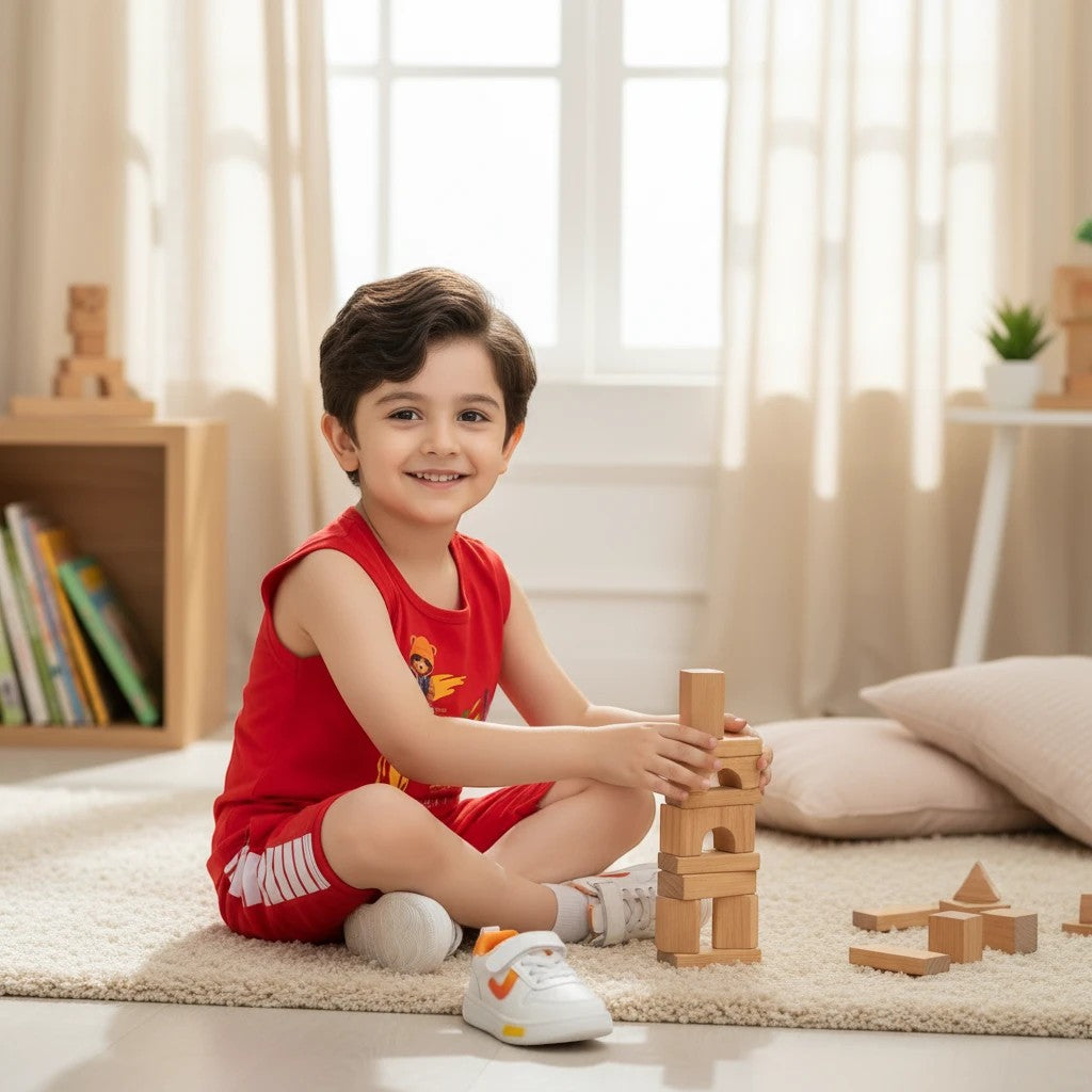 Mini & Mama red sleeveless t-shirt and shorts set with graphic print and striped accents. Boy playing with blocks.
