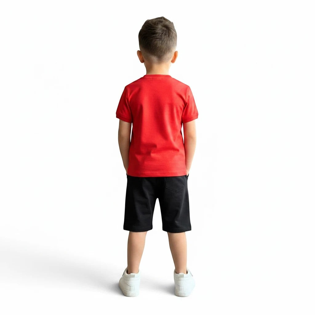 Mini & Mama boys red cotton t-shirt and black shorts set with teddy bear graphic. Elastic waistband shorts.