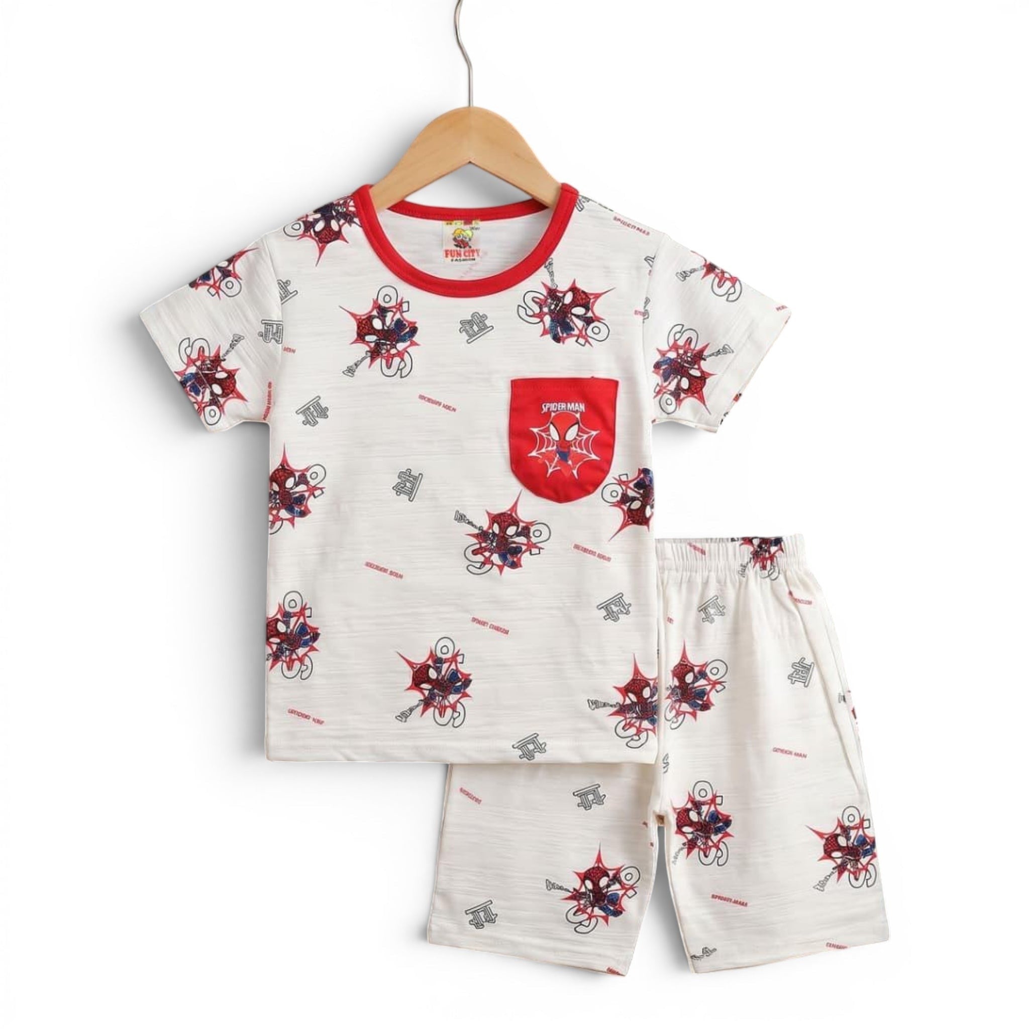 Mini & Mama boys' white Spider-Man pajama set with red trim, chest pocket, and all-over mask print. Includes shorts.