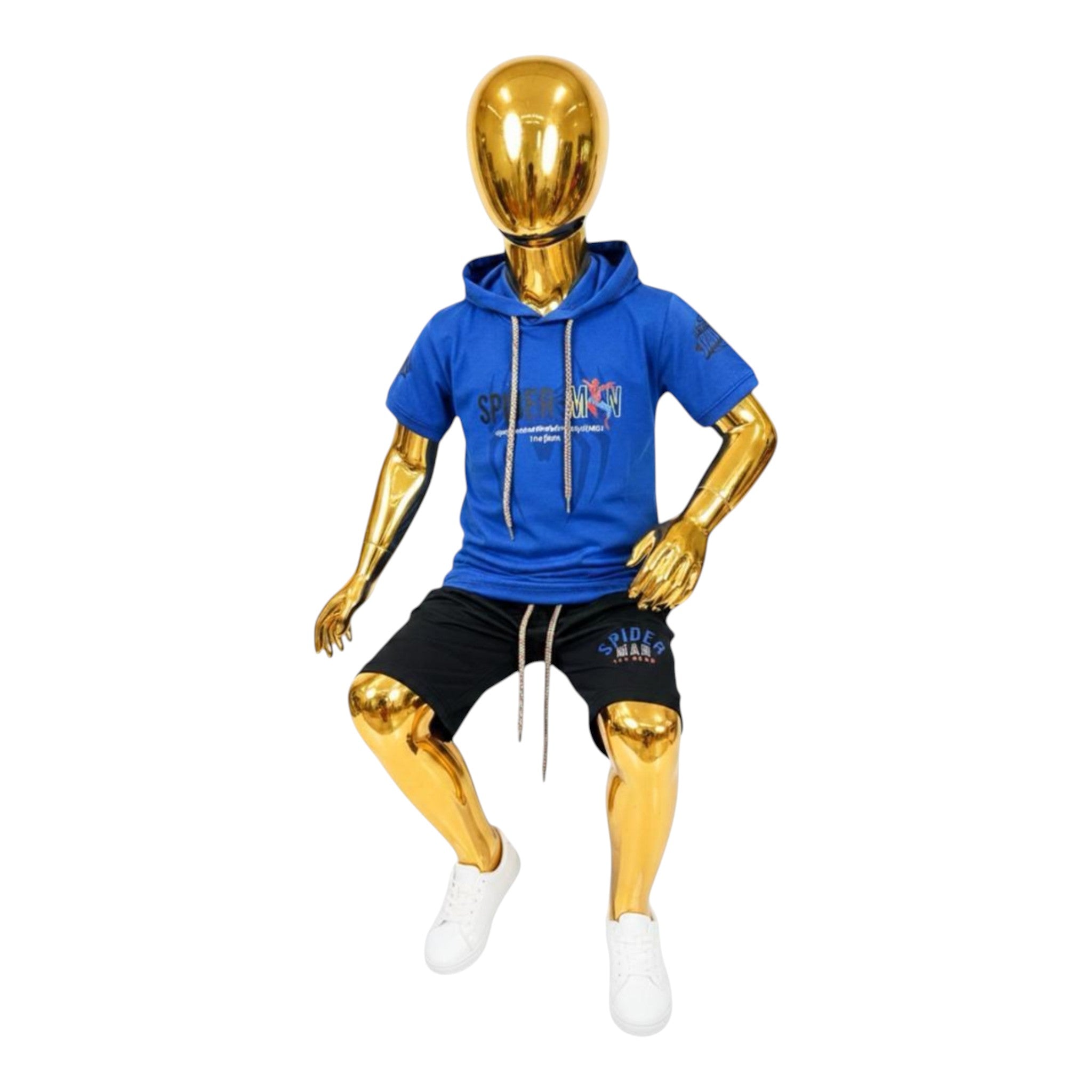 Mini & Mama Boys Spiderman blue short sleeve hoodie and black shorts set with graphic print. Elastic waistband and drawstring.