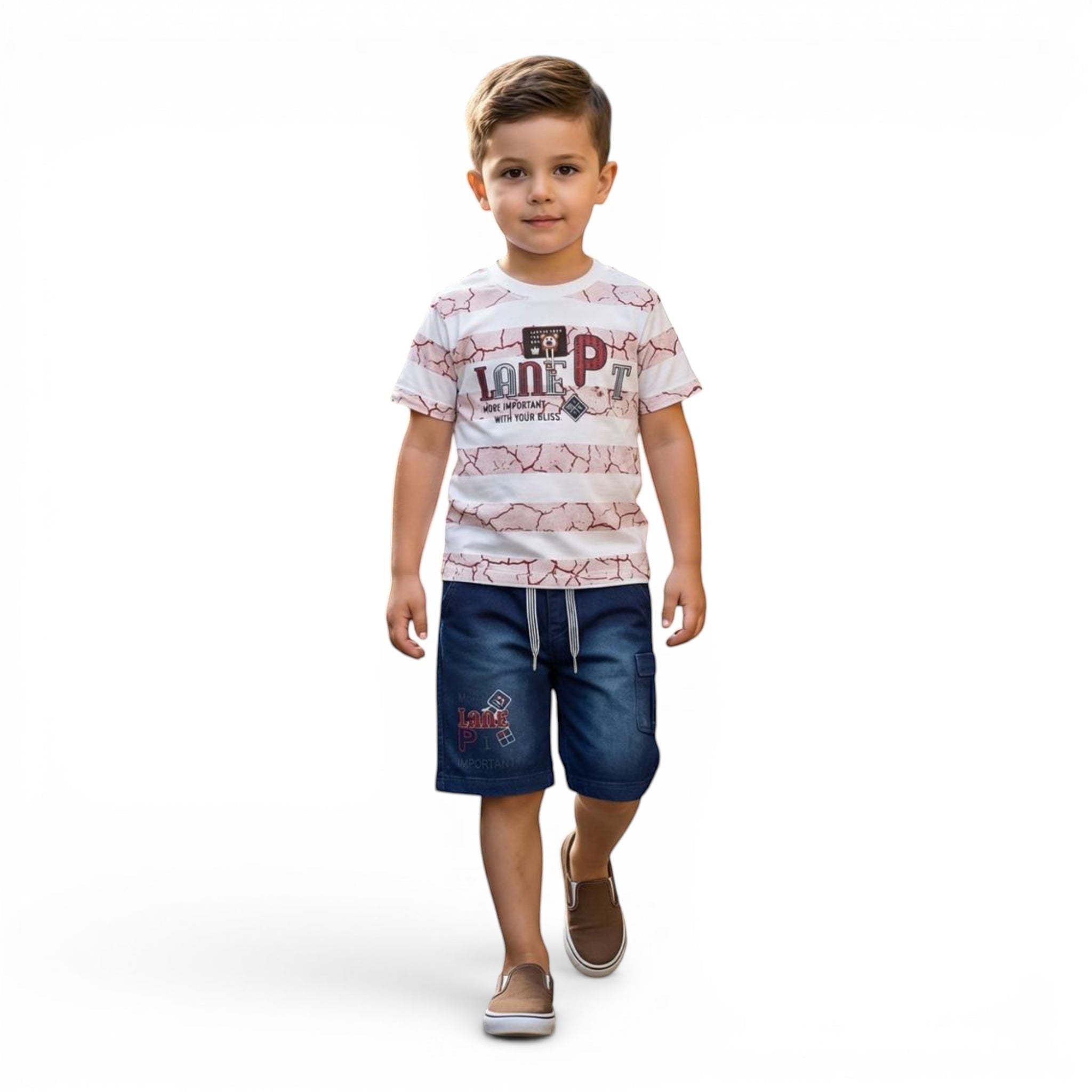 Mini & Mama Boys white t-shirt with pink stripes and graphic print, paired with blue denim shorts. A comfortable and stylish outfit for boys.