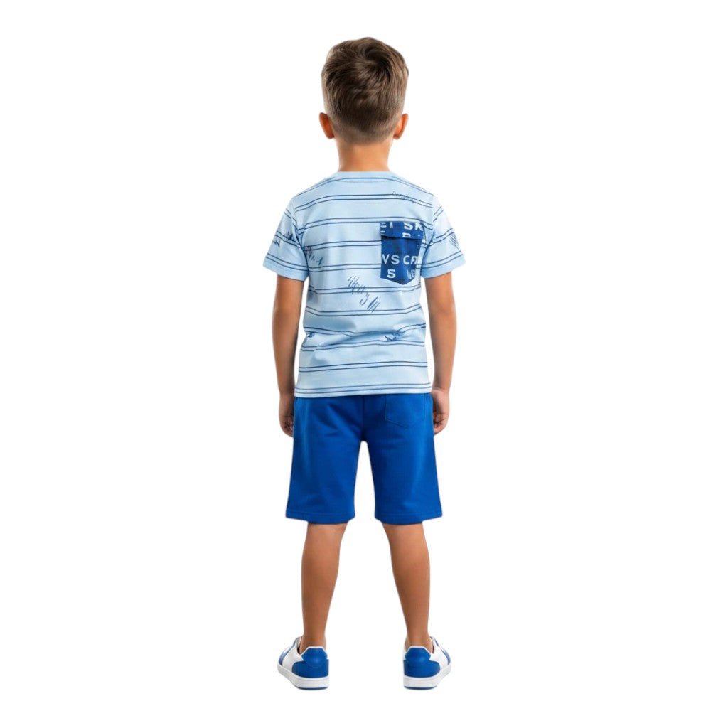 Mini & Mama boys light blue striped t-shirt with chest pocket and blue shorts set