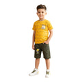 Mini & Mama boys yellow striped t-shirt with graphic detail and olive green shorts with graphic accent.