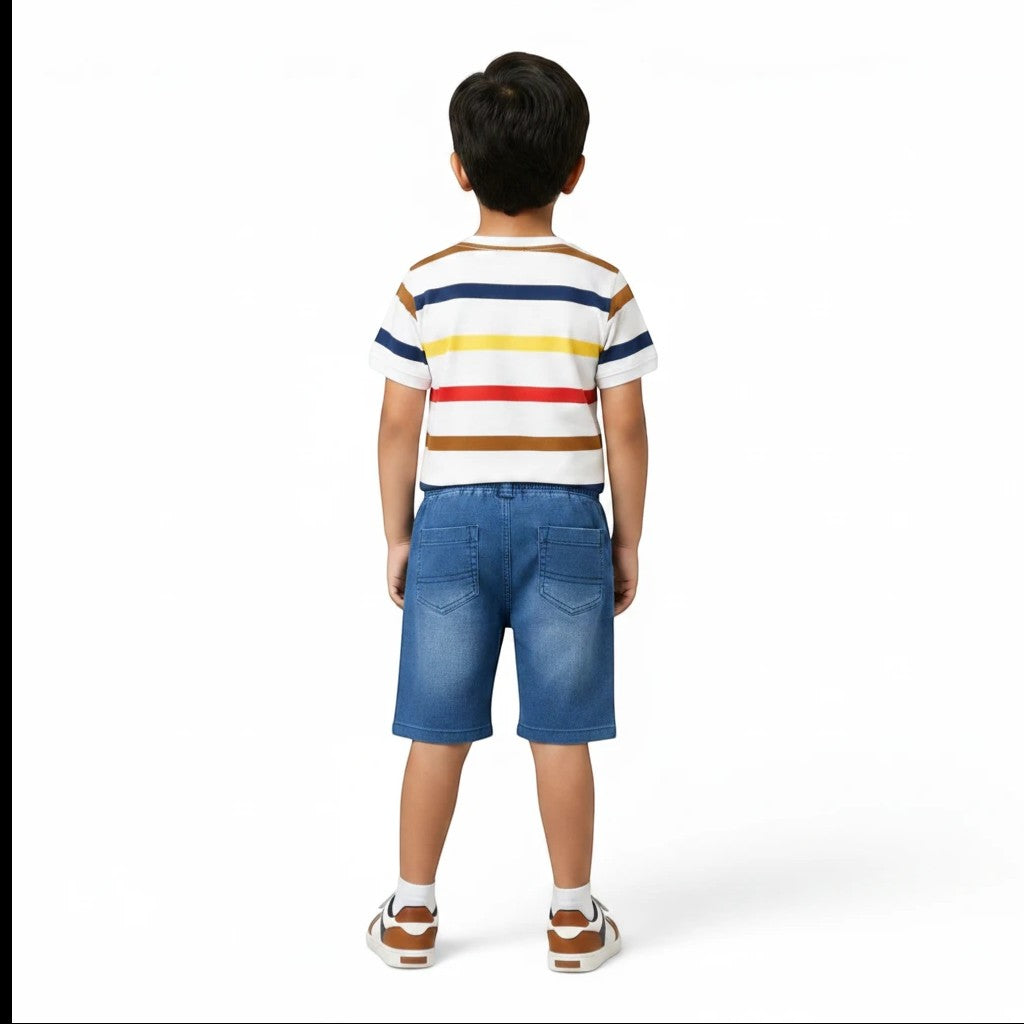 Mini & Mama boys' striped t-shirt with blue denim shorts. T-shirt has white, blue, yellow, and brown stripes.