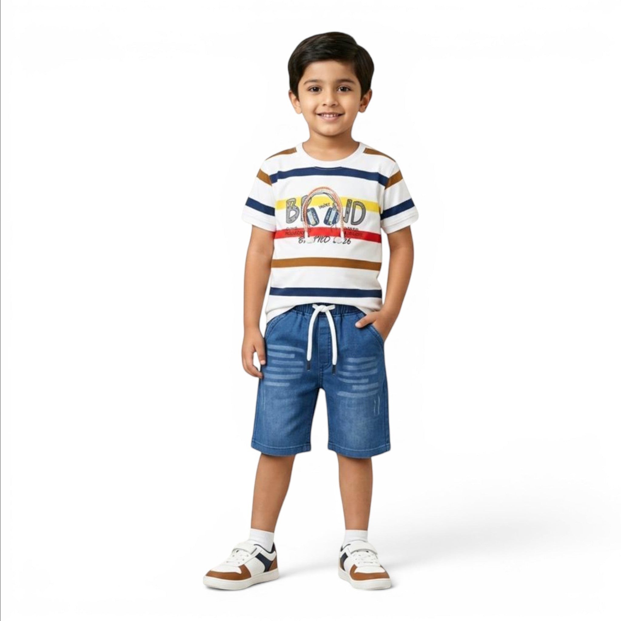 Mini & Mama boys' striped t-shirt with headphone graphic and denim shorts set. White, blue, yellow, brown stripes.